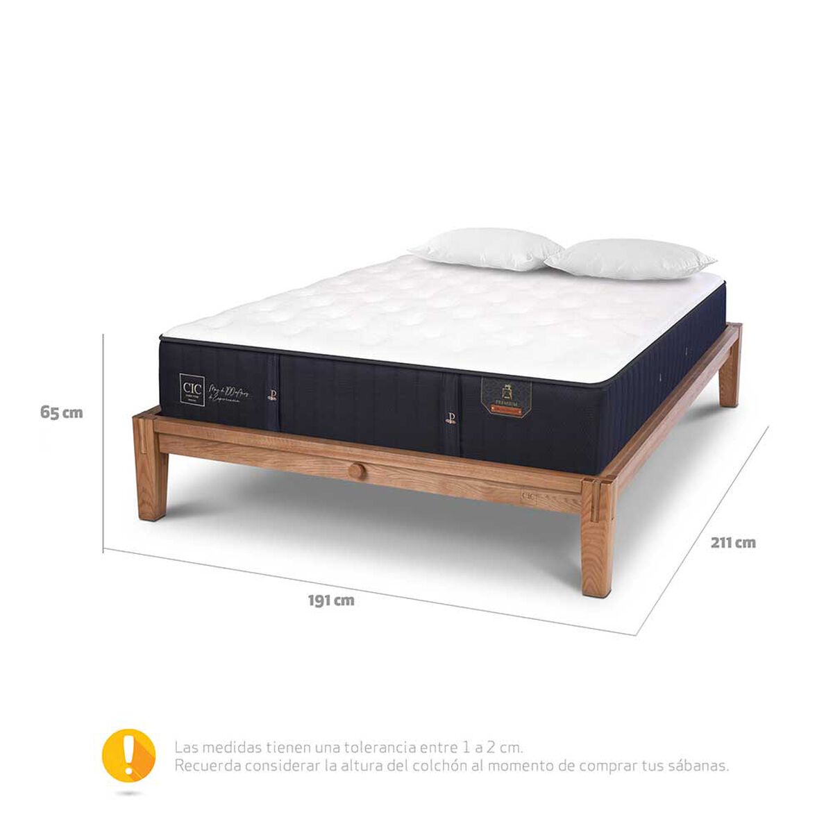 Cama Europea CIC King OAK Premium + 2 Almohadas Viscoelásticas