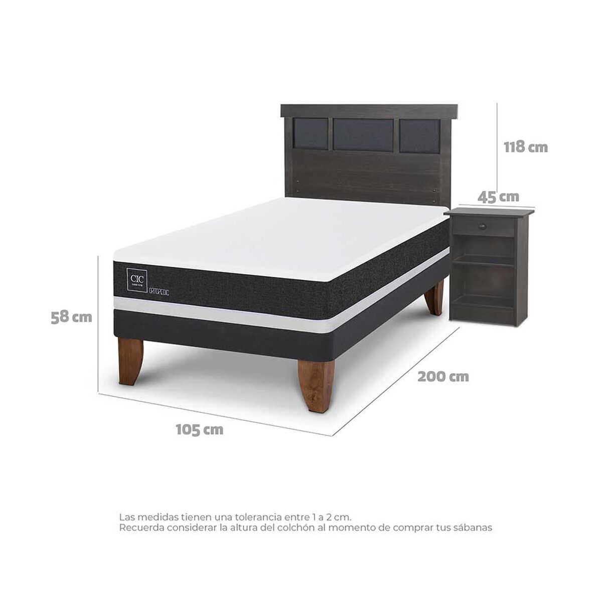 Cama Europea CIC 1,5 Plazas Ortopedic + Respaldo + Velador Dublin