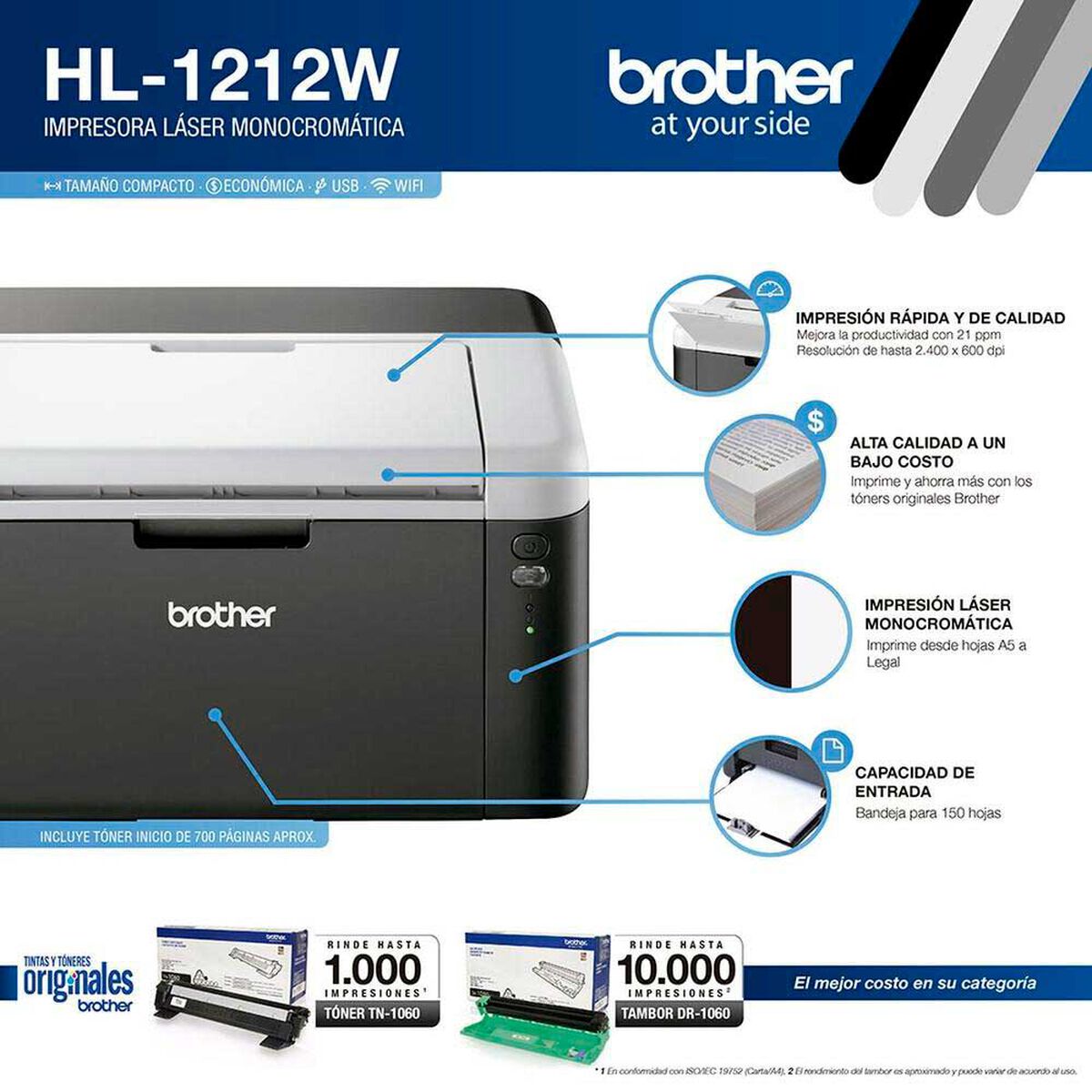 Impresora Brother L&aacute;ser Blanco y Negro HL-1212 WiFi