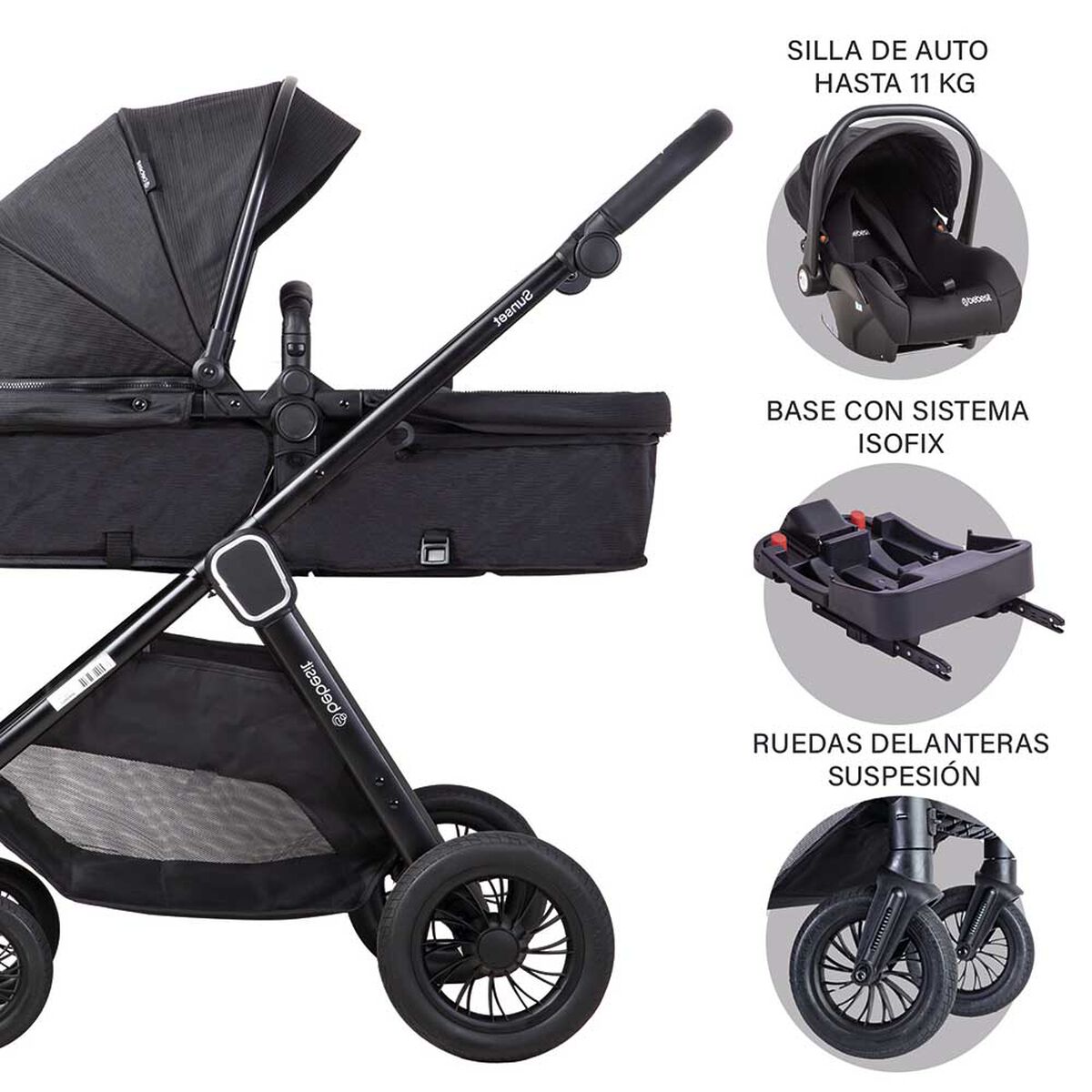 Coche Cuna Travel System Isofix Sunset Premium con Base Negro Bebesit