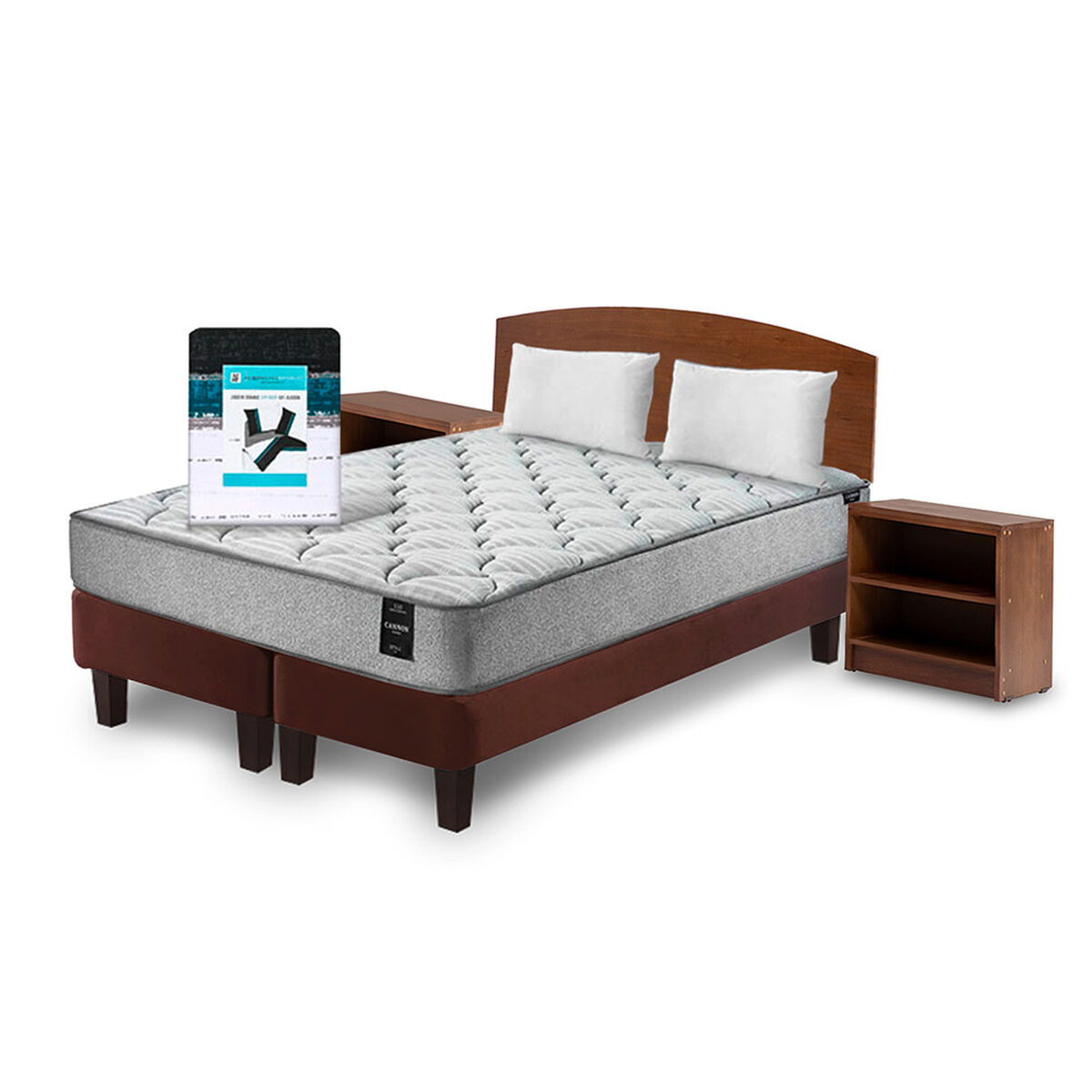 Combo Cama Europea Latam Home 2 Plazas Cannon BD Tela Chocolate + Textil + Respaldo + 2 Veladores Atlas