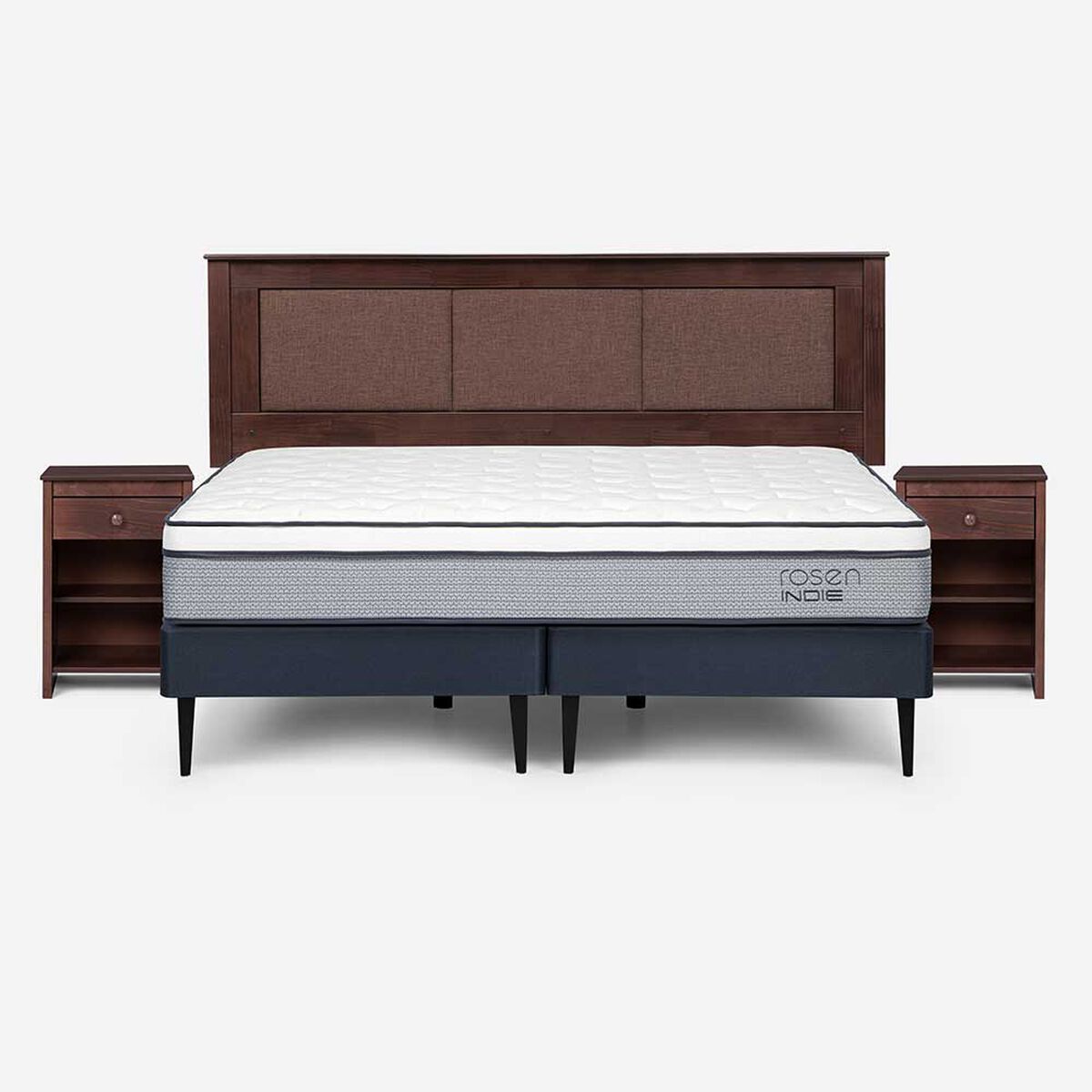 Cama Europea Rosen Base Dividida King Indie + Respaldo + 2 Veladores Rachel