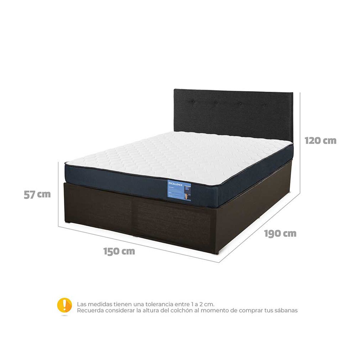 Cama Europea CIC Iron Smart 2 Plazas Excellence + Respaldo Black Tapizado + Faldón