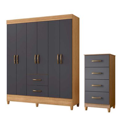 Combo Clóset 6 Puertas 2 Cajones + Cómoda 4 Cajones Vekkahome Mobi Gris