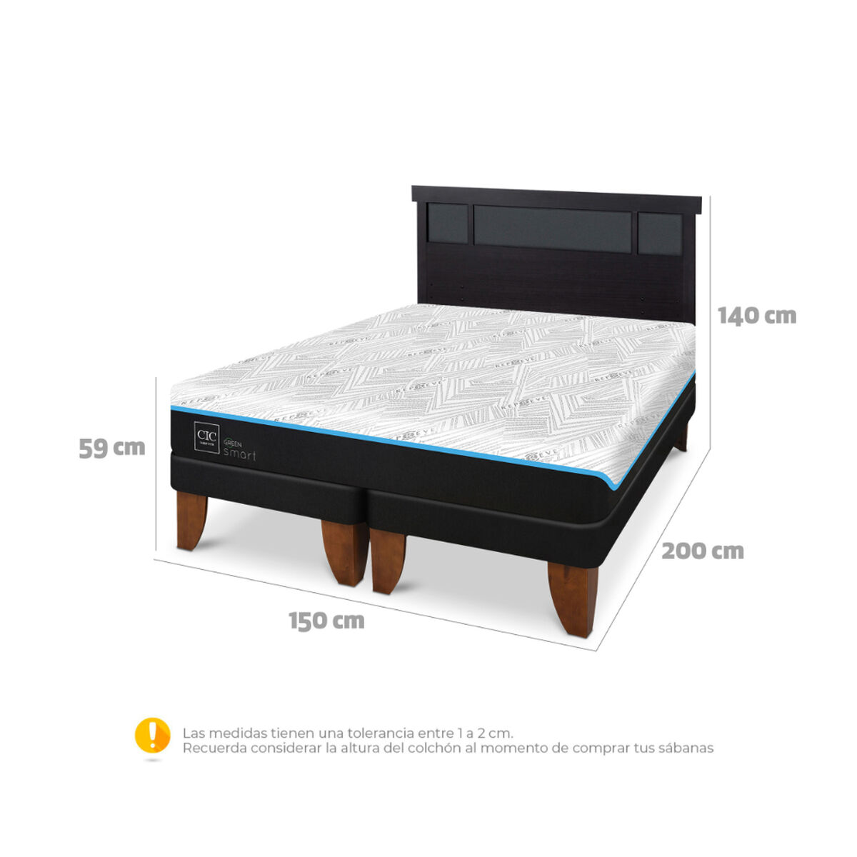 Cama Europea CIC Green Infinity 2 Plazas + 1 Respaldo Dublin Negro