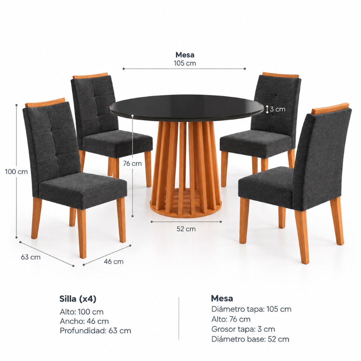 Juego de Comedor Roca York 4 Sillas Negro Canela