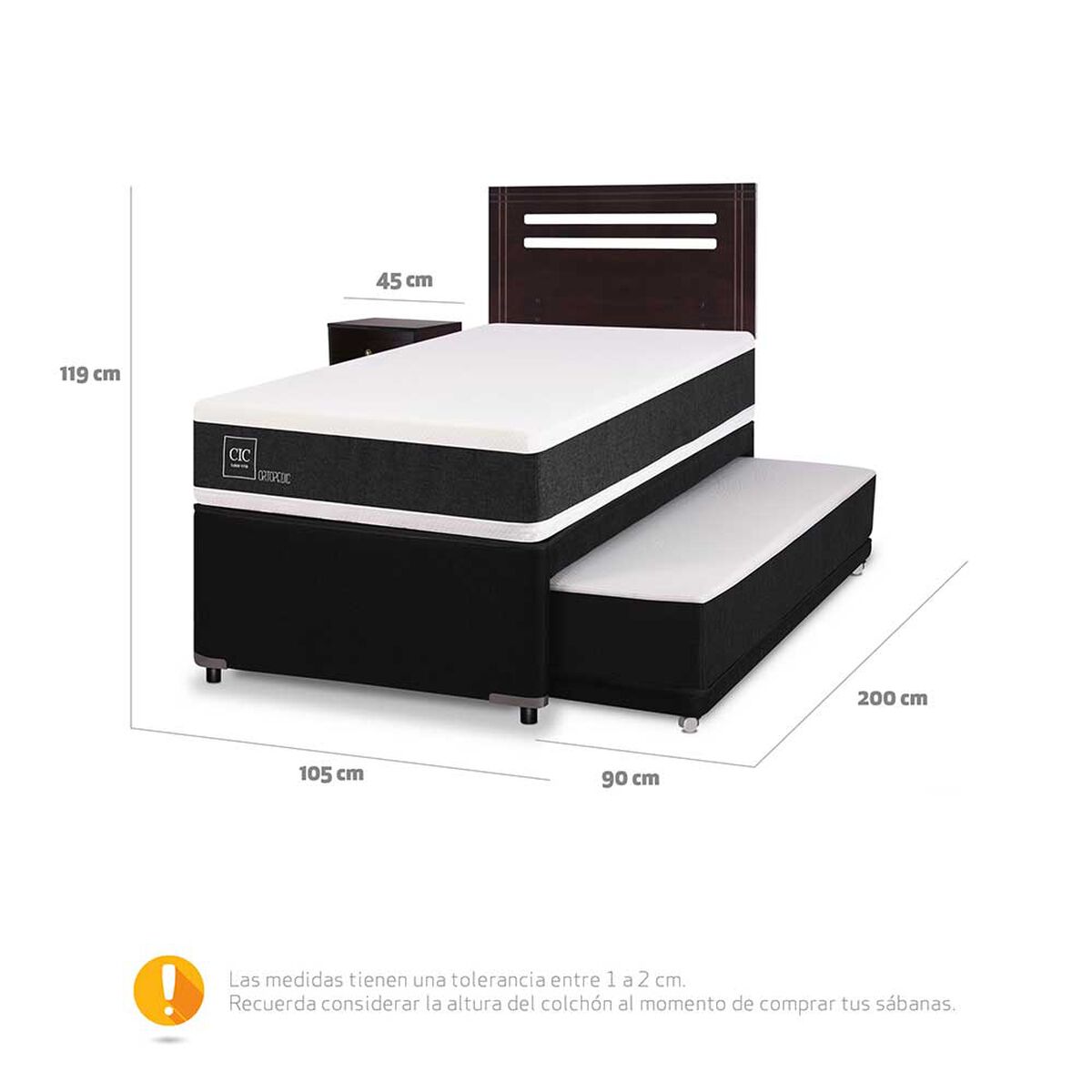 Cama Nido CIC 1,5 Plazas Superior 1 Plaza Inferior New Ortopedic Black + Respaldo + Velador New Munich