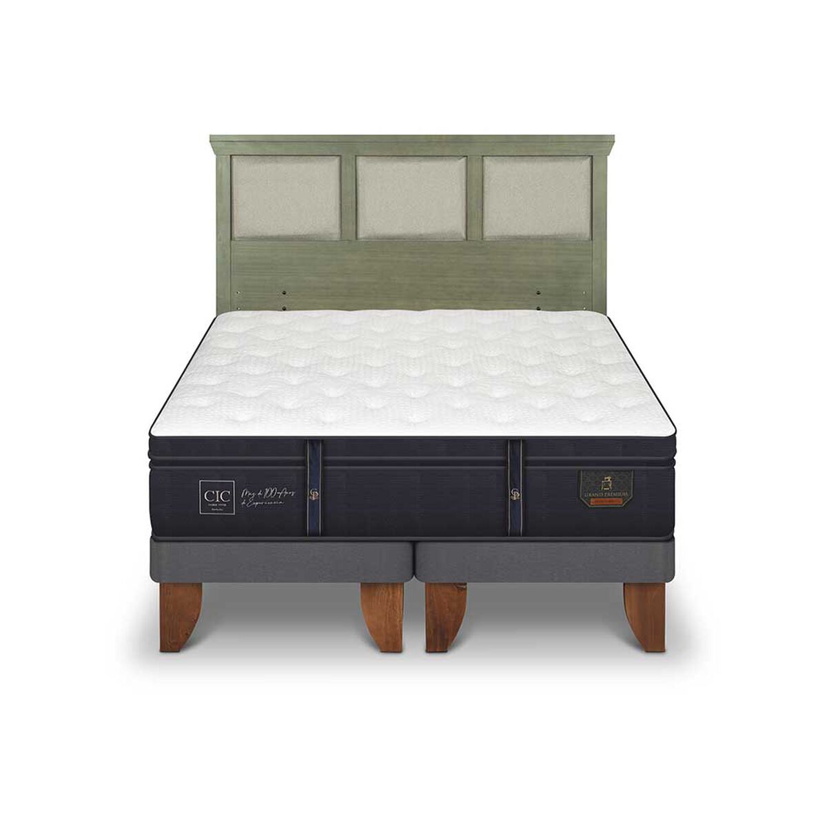 Cama Europea CIC Base Dividida King Grand Premium + Respaldo Torino Olivo
