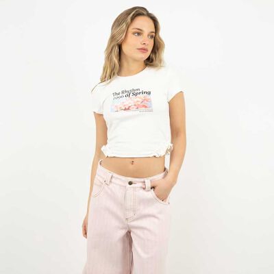 Polera Crop Con Estampado Manga Corta Mujer Icono Blanco