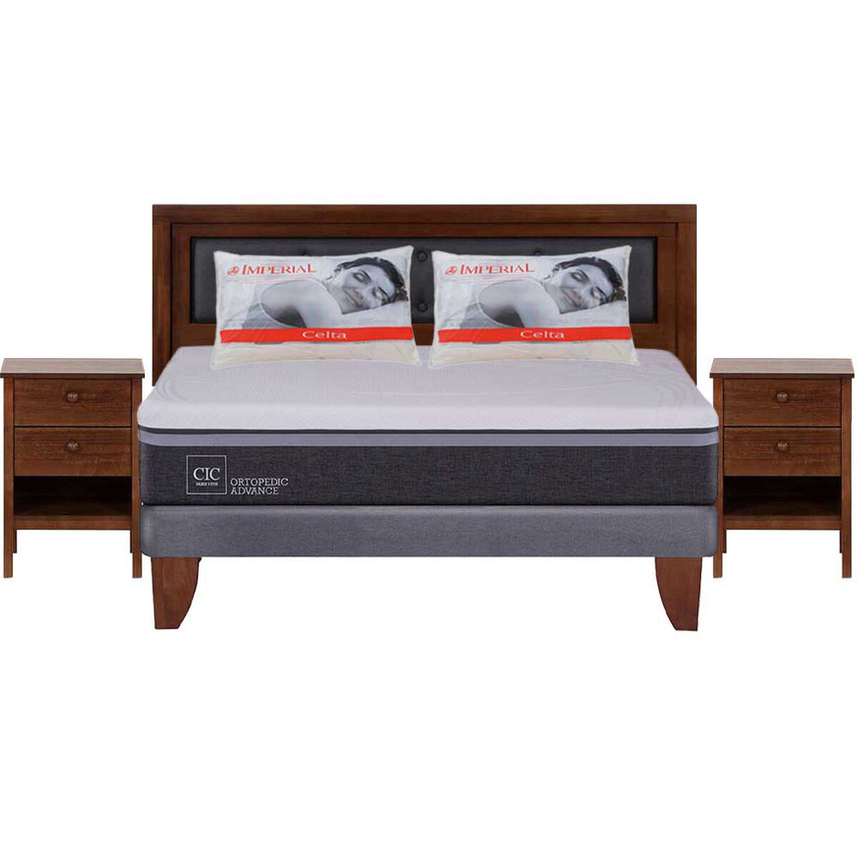 Combo Cama Europea CIC 2 Plazas Ortopedic Advance + Respaldo + 2 Veladores CIC Genova + Pack Almohadas Celta Imperial Soft