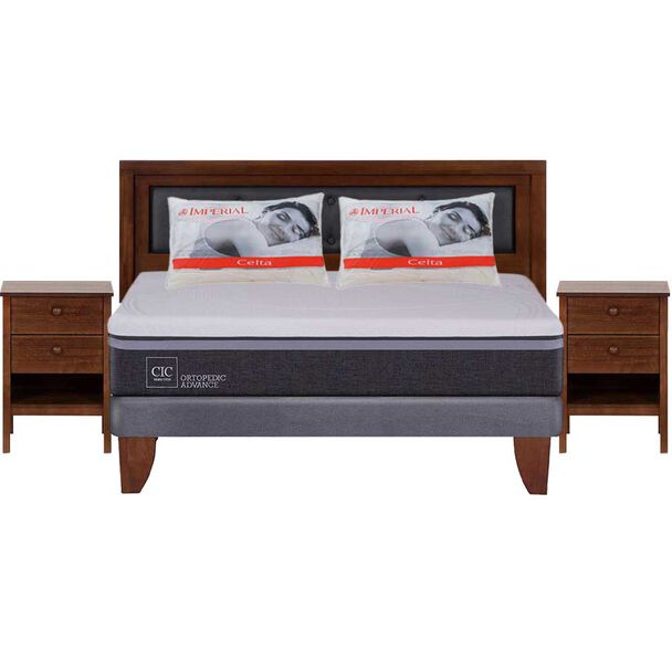 Combo Cama Europea CIC 2 Plazas Ortopedic Advance + Respaldo + 2 Veladores CIC Genova + Pack Almohadas Celta Imperial Soft