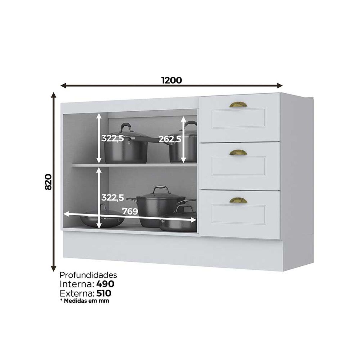 Mueble de Cocina Base Home Mobili Tulum 3 Cajones 2 Puertas Blanco