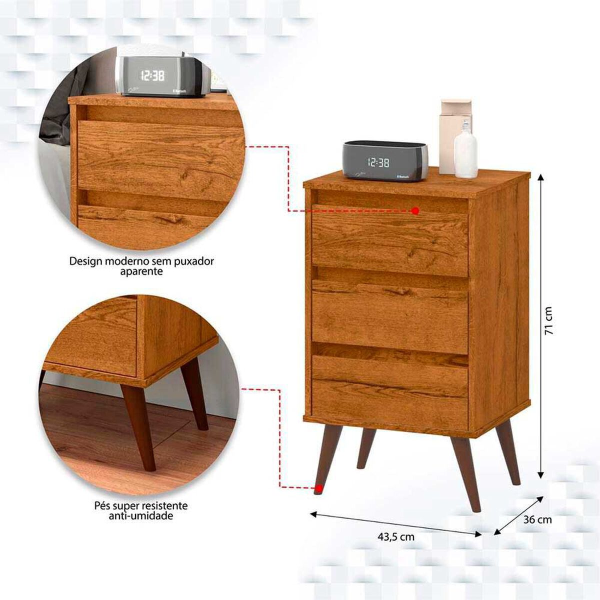 Velador Onessta Wood 3 Cajones Freijo