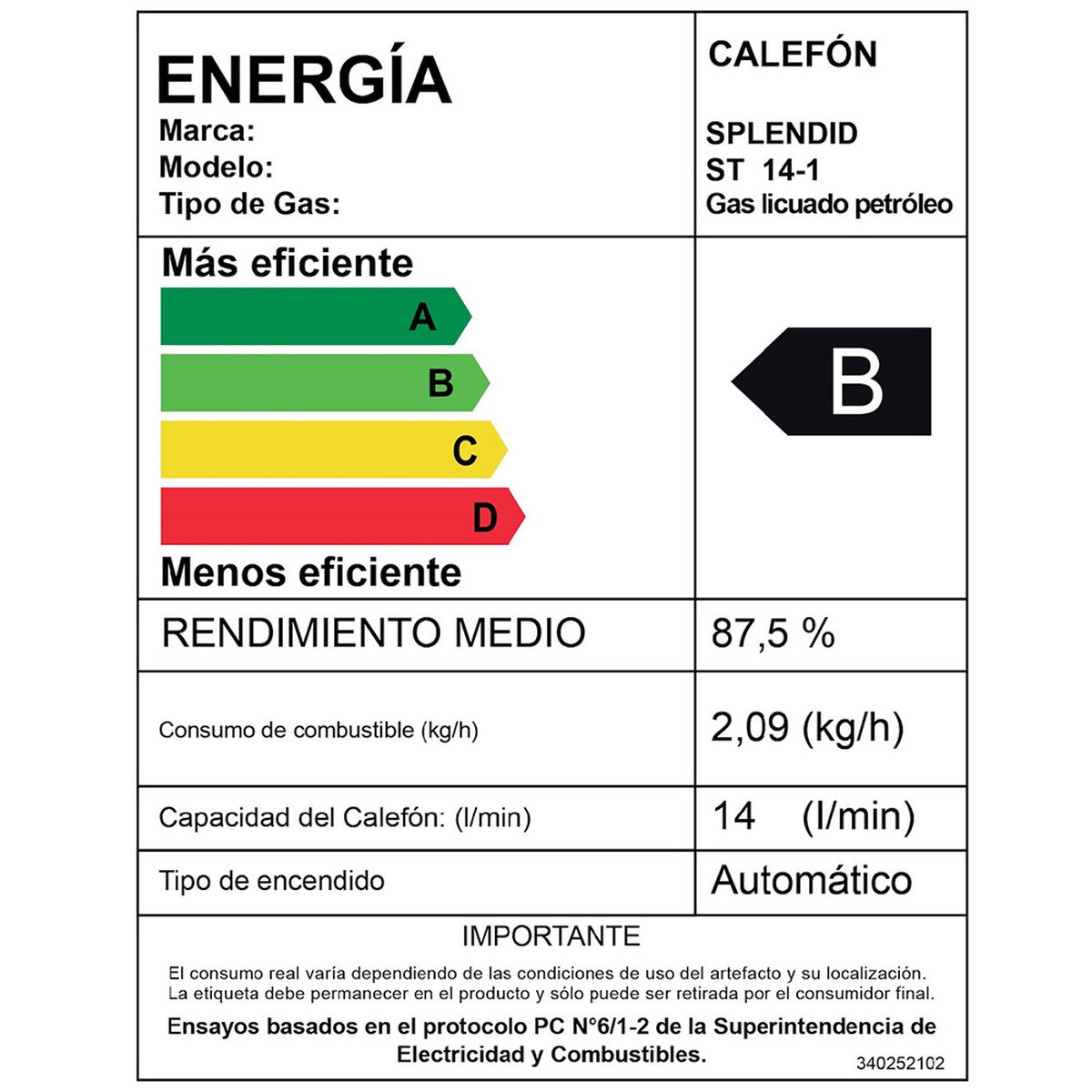 Calefont Gas Licuado Splendid Tiro Natural Templatech 14 lts.