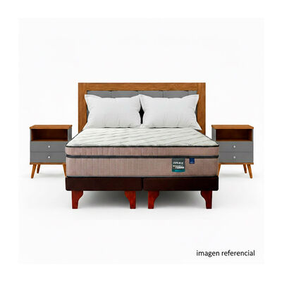 Combo Cama Europea Flex 2 Plazas M&aacute;ximo Cobre + Respaldo + 2 Veladores + Pack Almohadas