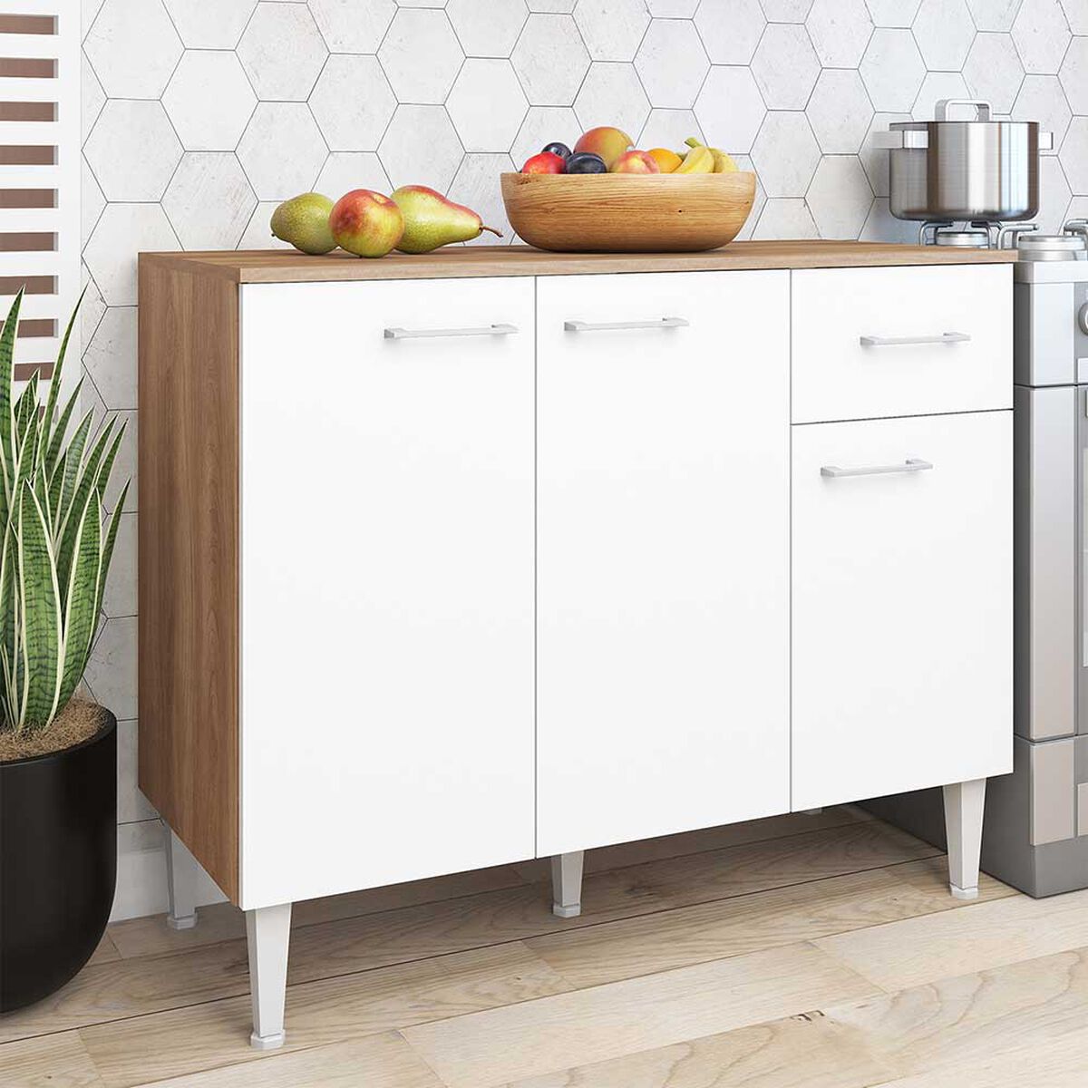 Mueble de Cocina Base Vekkahome Evandro 1 Cajón 3 Puertas Blanco