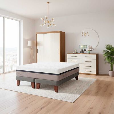 Combo Cama Europea CIC Base Dividida 2 Plazas Balance + Cl&oacute;set Casanova Fit 2 Puertas Correderas Jequitiba Blanco + C&oacute;moda Casanova Charlotte Nogal 8 Cajones