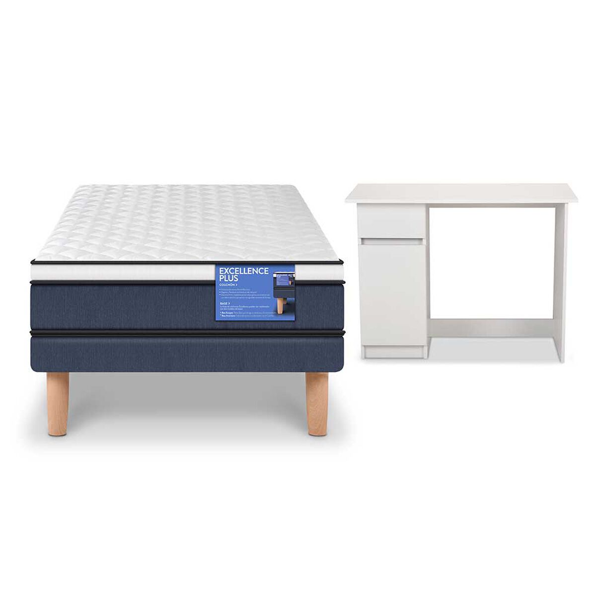 Combo Cama Europea CIC 1 Plaza Excellence Plus + Escritorio New Blanco 1 Puerta 1 Cajón