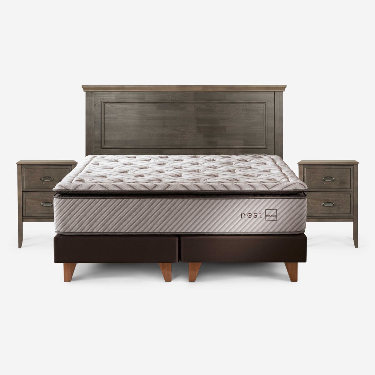 Cama Europea Rosen Base Dividida 2 Plazas Anna + Respaldo + 2 Veladores