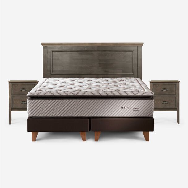 Cama Europea Rosen Base Dividida 2 Plazas Anna + Respaldo + 2 Veladores