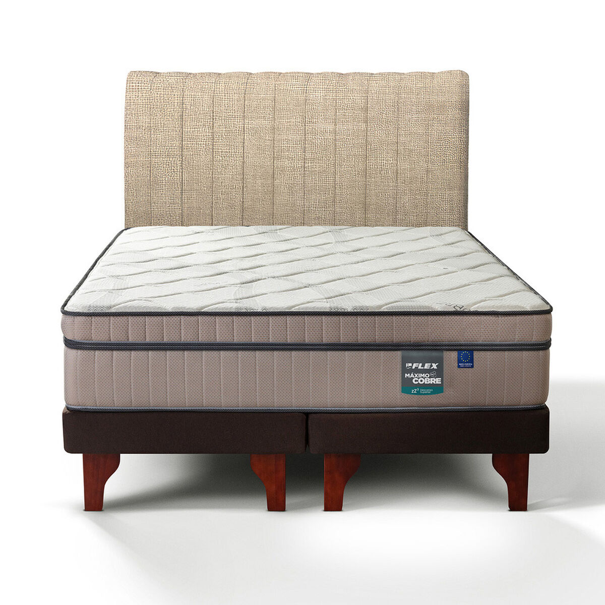 Cama Europea Flex Base Dividida 2 Plazas M&aacute;ximo Cobre  + Respaldo Tubular Beige