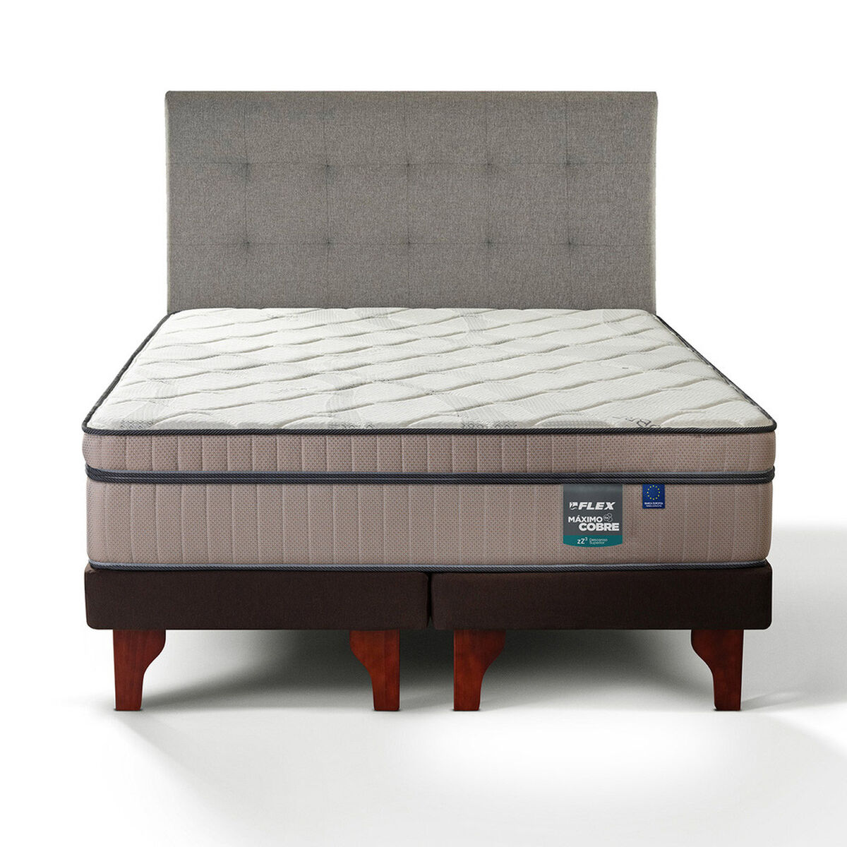 Cama Europea Flex Base Dividida 2 Plazas M&aacute;ximo Cobre + Respaldo Design Gris