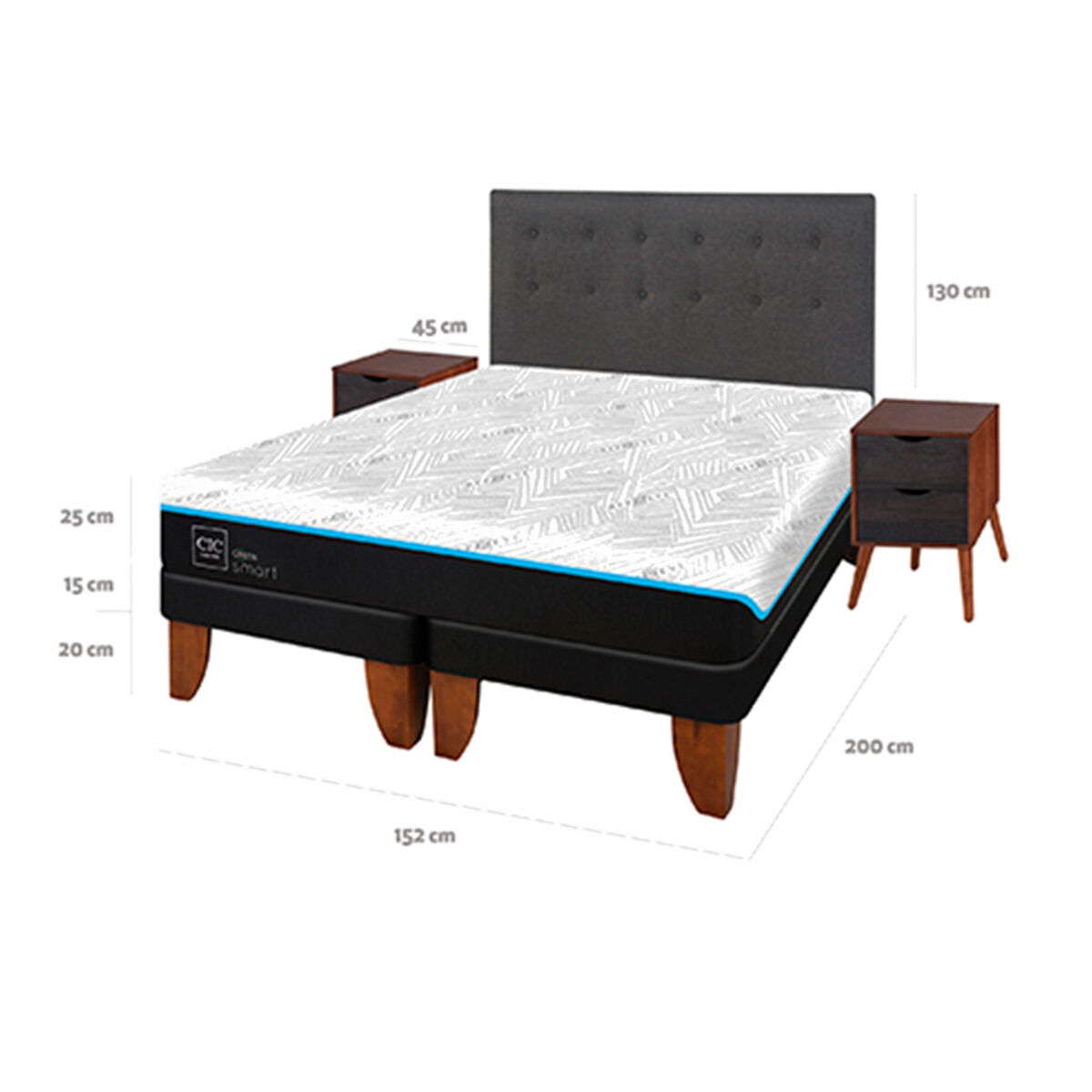 Cama Europea CIC Green Infinity King + 1 Respaldo + 2 Veladores Eufrates