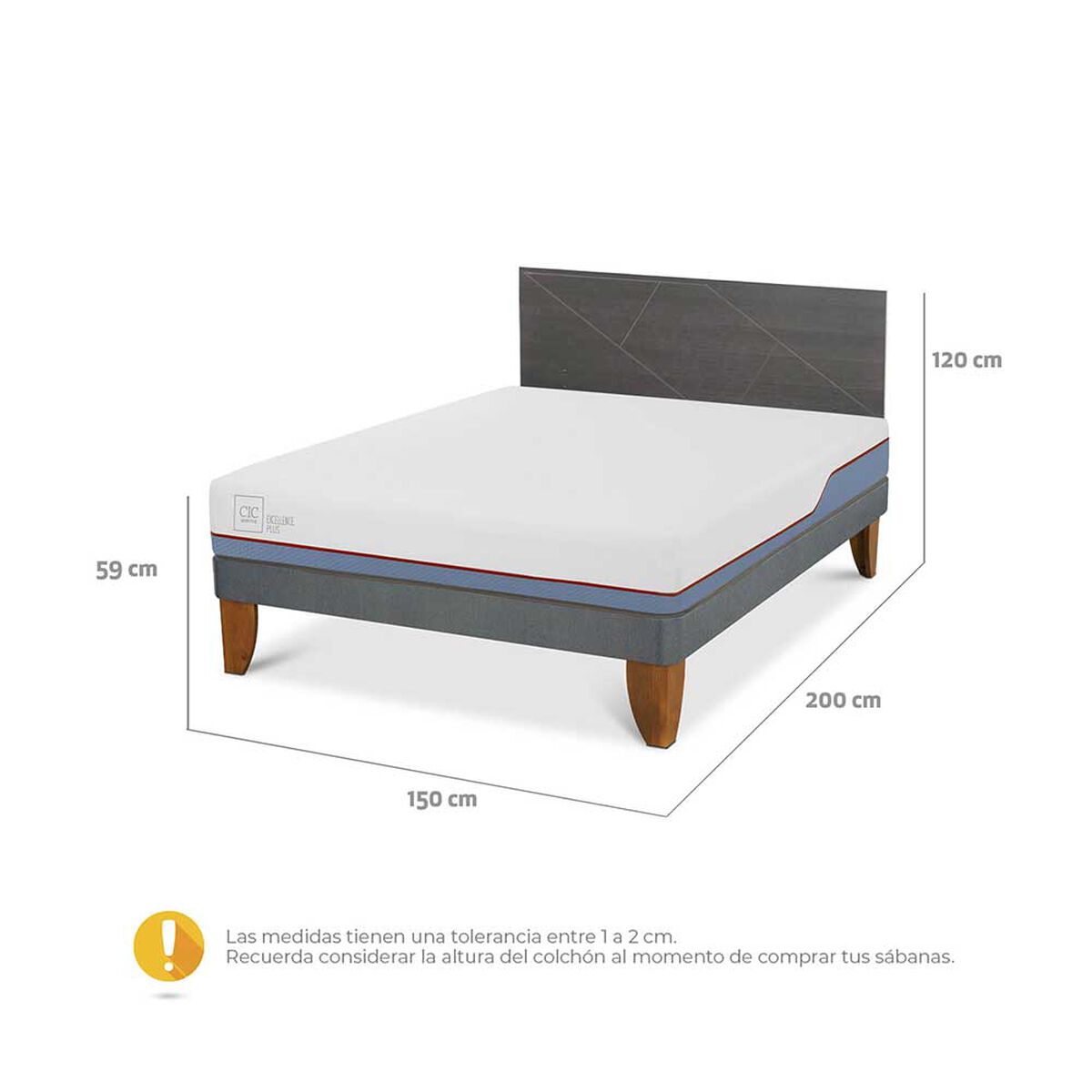 Cama Europea CIC Base Normal 2 Plazas Excellence Plus + Respaldo Villarrica