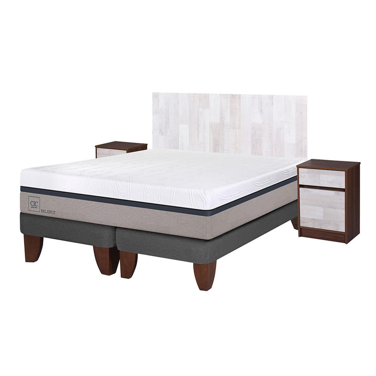 Cama Europea CIC Base Dividida 2 Plazas Balance + Respaldo + 2 Veladores