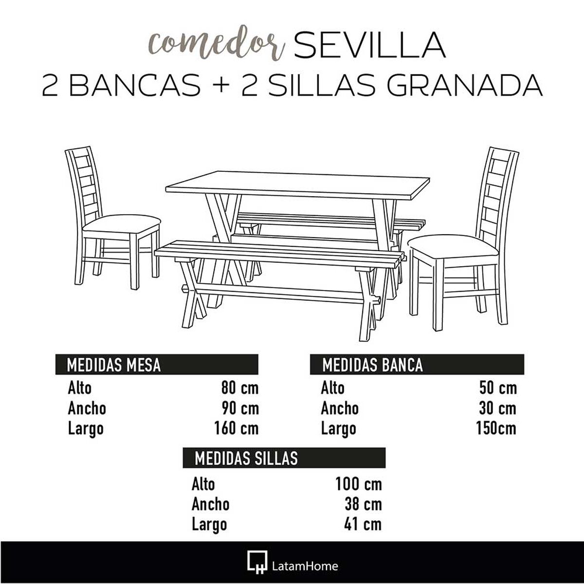 Juego de Comedor Latam Home Sevilla Granada 2 Sillas + 2 Bancas Velvet Negro