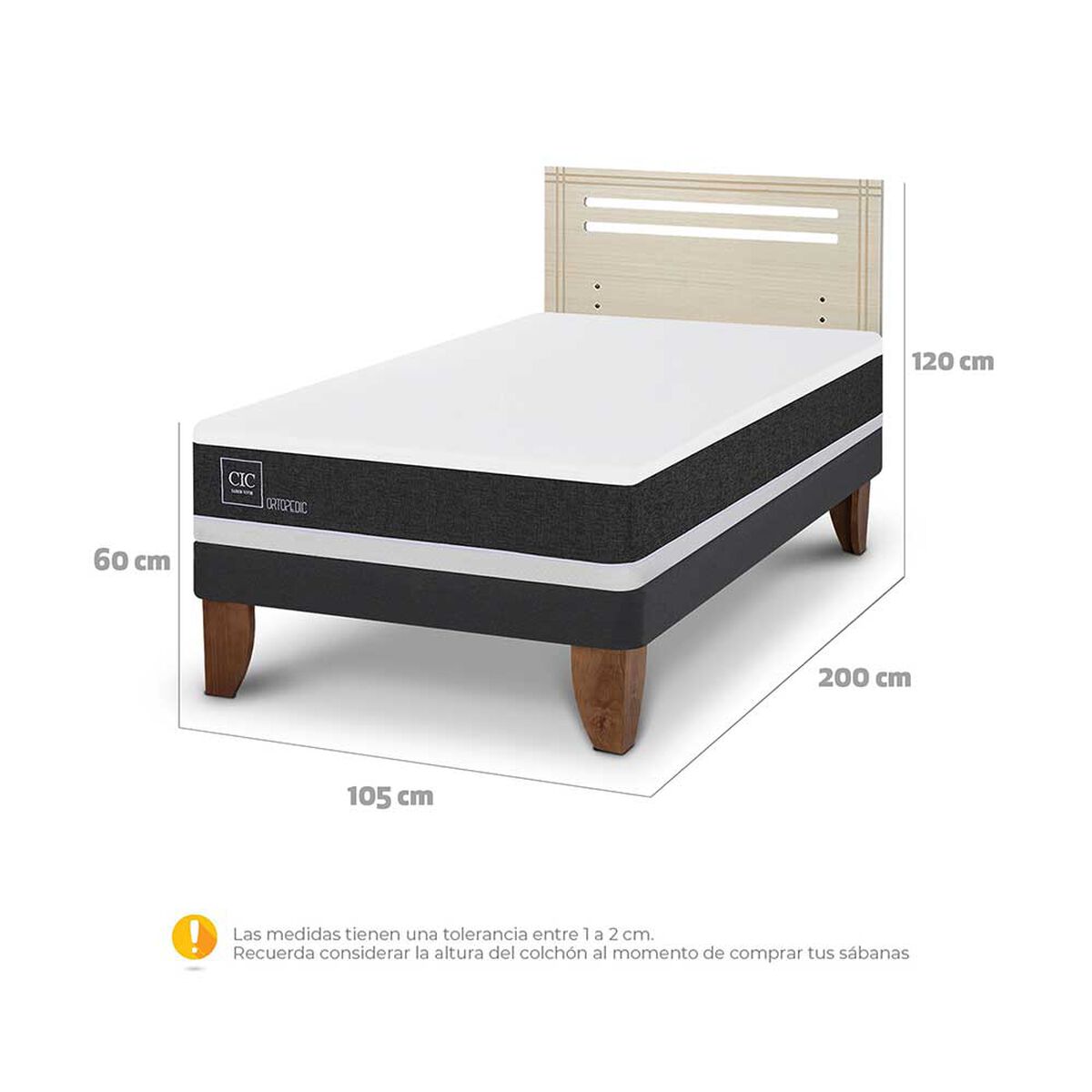 Cama Europea CIC 1,5 Plazas Ortopedic + Respaldo Munich Alpino
