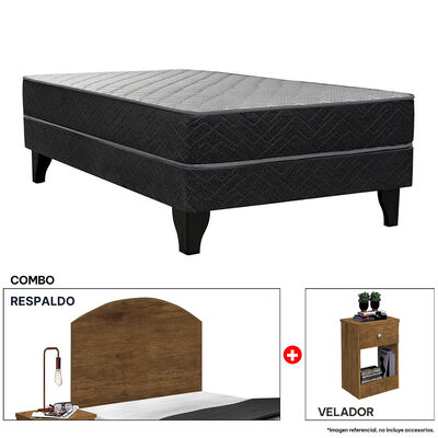 Combo Celta Cama Europea 1,5 Plazas Atlantis Black 190 x 105 cm + Respaldo + Velador Casanova 1,5 Plazas Jequitiba