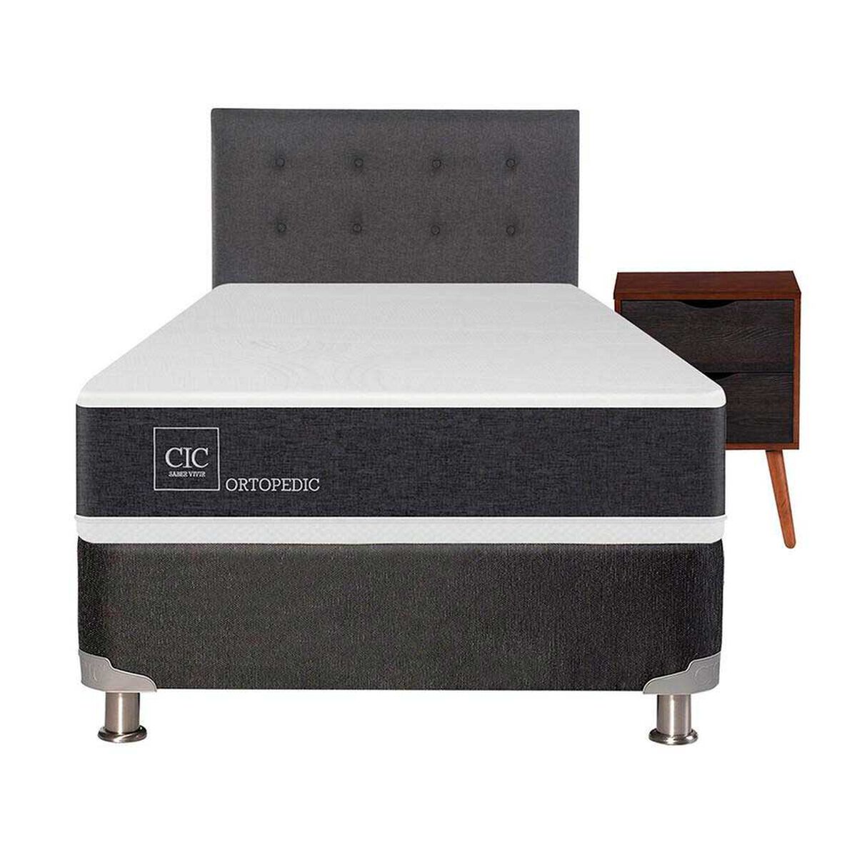 Box Spring CIC 1,5 Plazas New Ortopedic + Respaldo + Velador Eufrates
