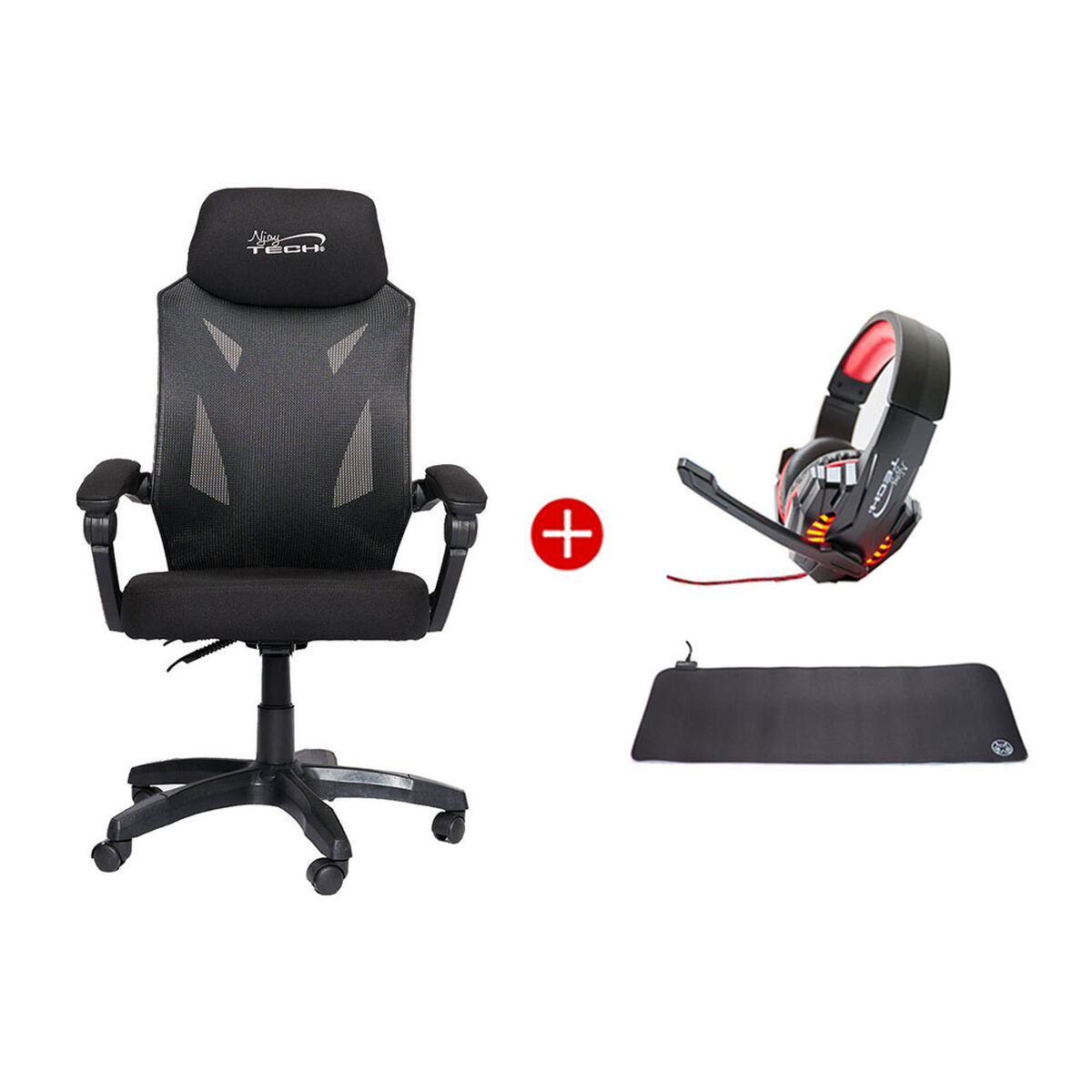 Combo Silla Gamer Njoytech Titan Negra  + Audífonos Over Ear NJA-GM2017 Rojos + Mousepad
