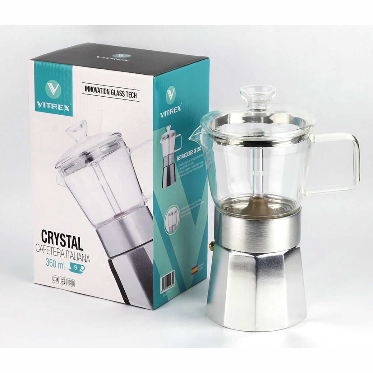Cafetera de Vidrio Borosilicato y Aluminio Vitrex Crystal + 9 Tazas
