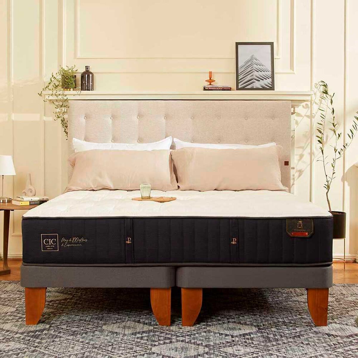 Cama Europea CIC Base Normal 1,5 Plazas Premium + Respaldo Dublin