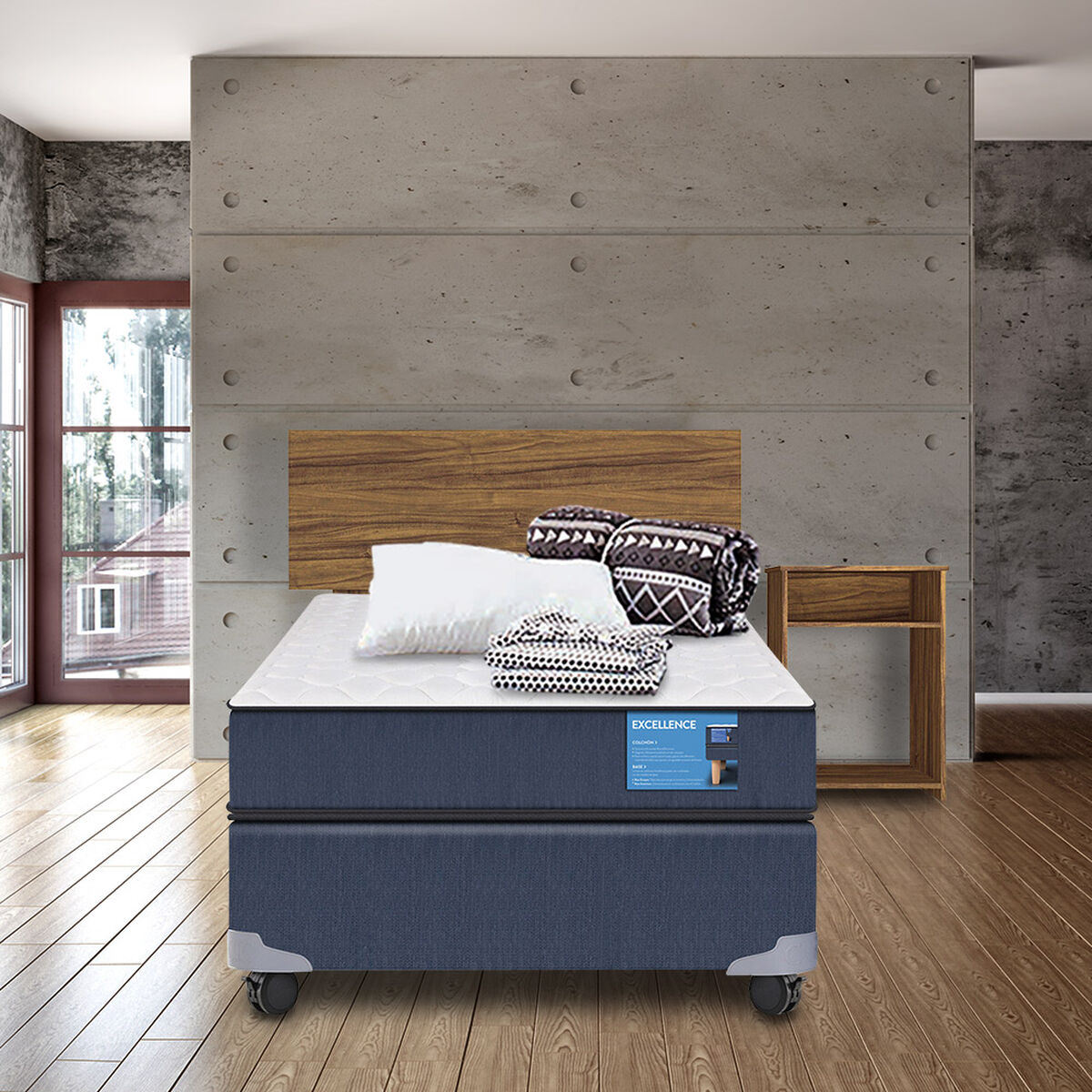 Box Americano Cic Excellence 1.5 Plazas + Set Madera Nogal + Set Textil 1,5 Plazas Plumón + 1 Almohada + Sábanas