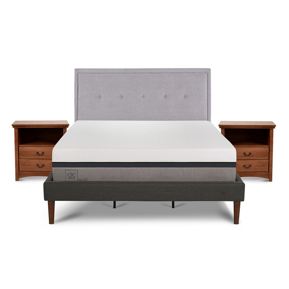 Cama Europea CIC Curve King Balance + Respaldo Ganges  + 2 Veladores Indo