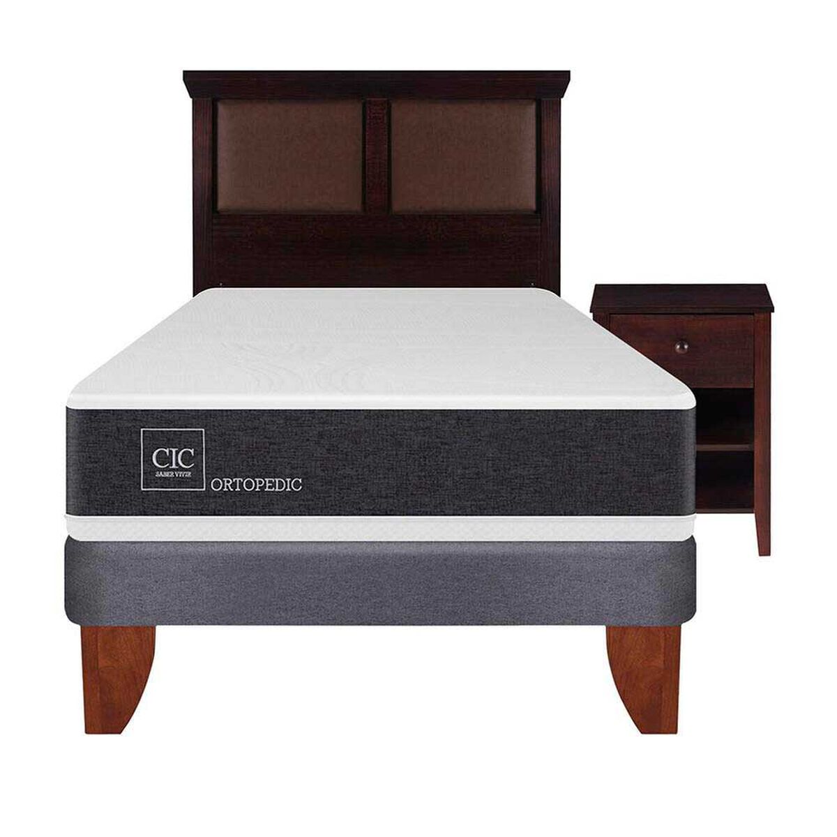 Cama Europea CIC 1,5 Plazas Ortopedic + Respaldo + Velador Torino Chocolate