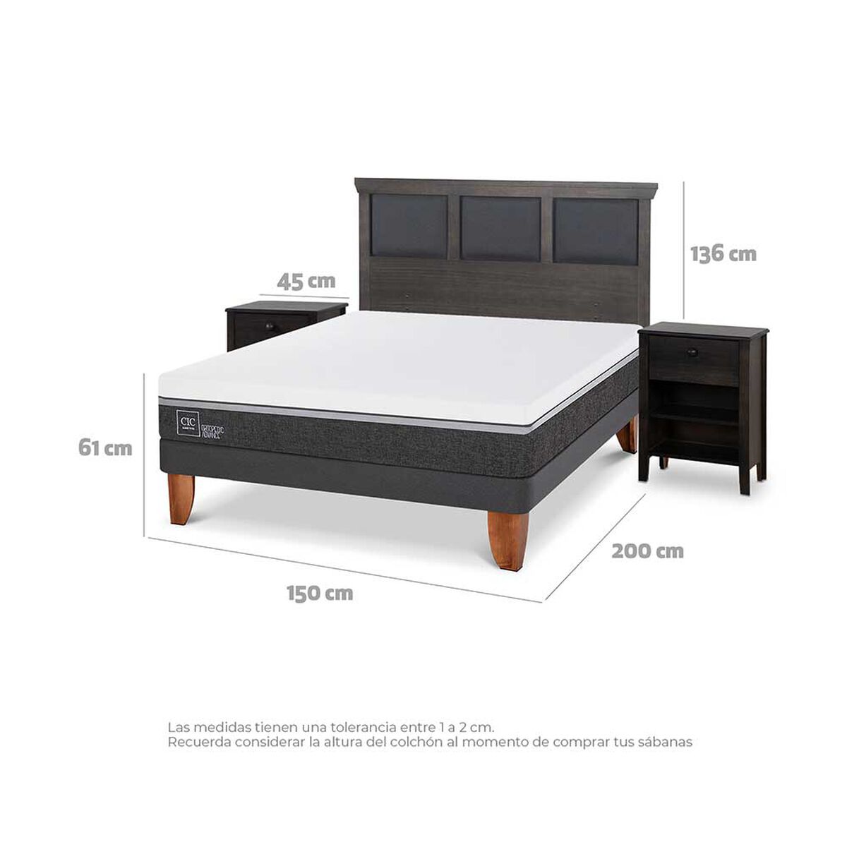 Cama Europea CIC 2 Plazas Ortopedic Advance + Respaldo + 2 Veladores Torino