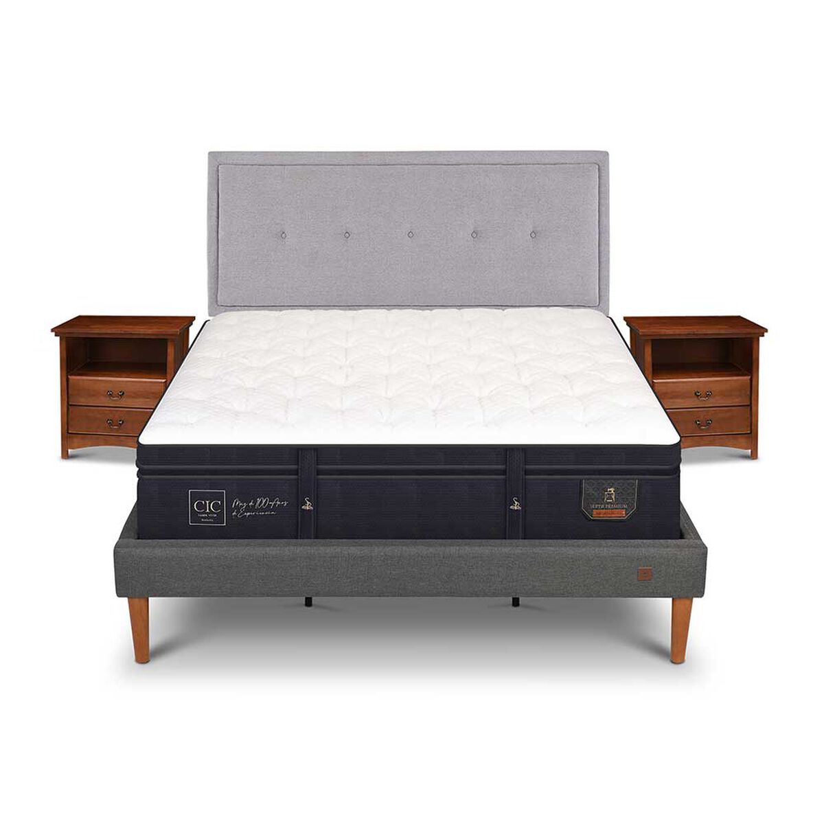 Cama Europea CIC King S&uacute;per Premium + Respaldo + Veladores