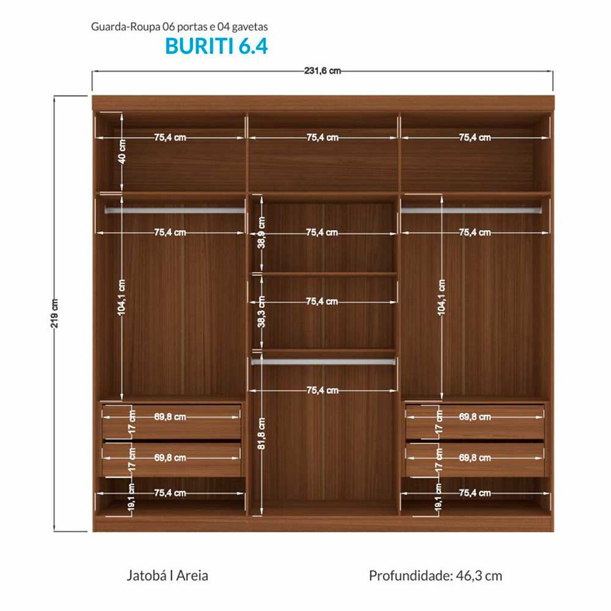 Clóset Onessta Buriti 6 Puertas 4 Cajones Jatoba Grafito