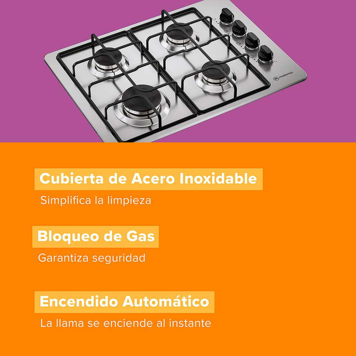 Encimera a Gas Mademsa KM4GX 4 Platos Inox