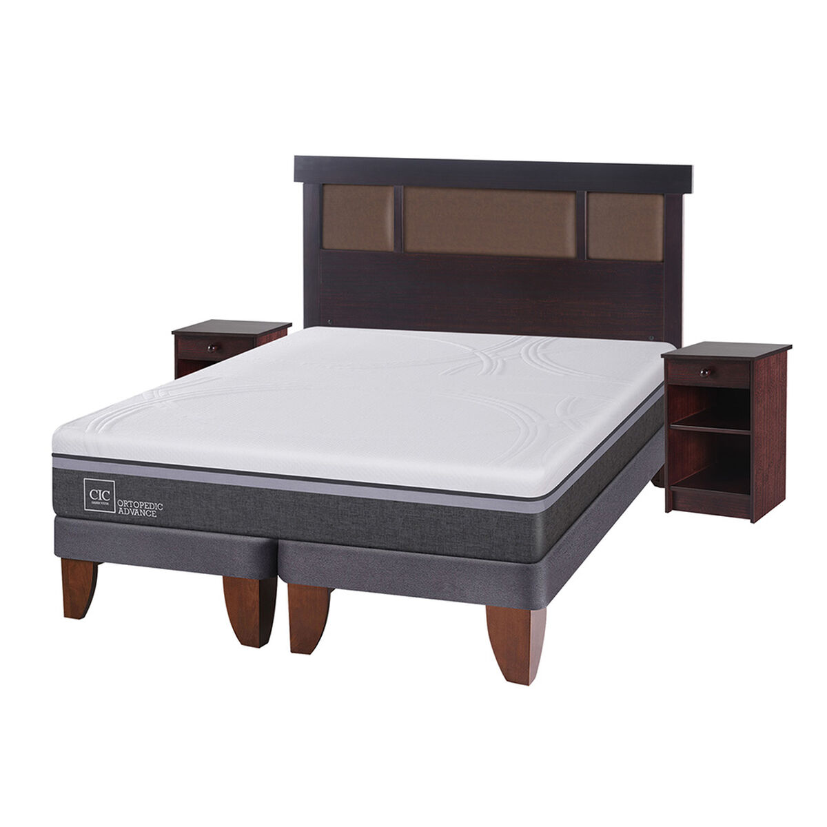 Cama Europea CIC Base Dividida 2 Plazas Ortopedic Advance + Respaldo + 2 Veladores Dublin Chocolate