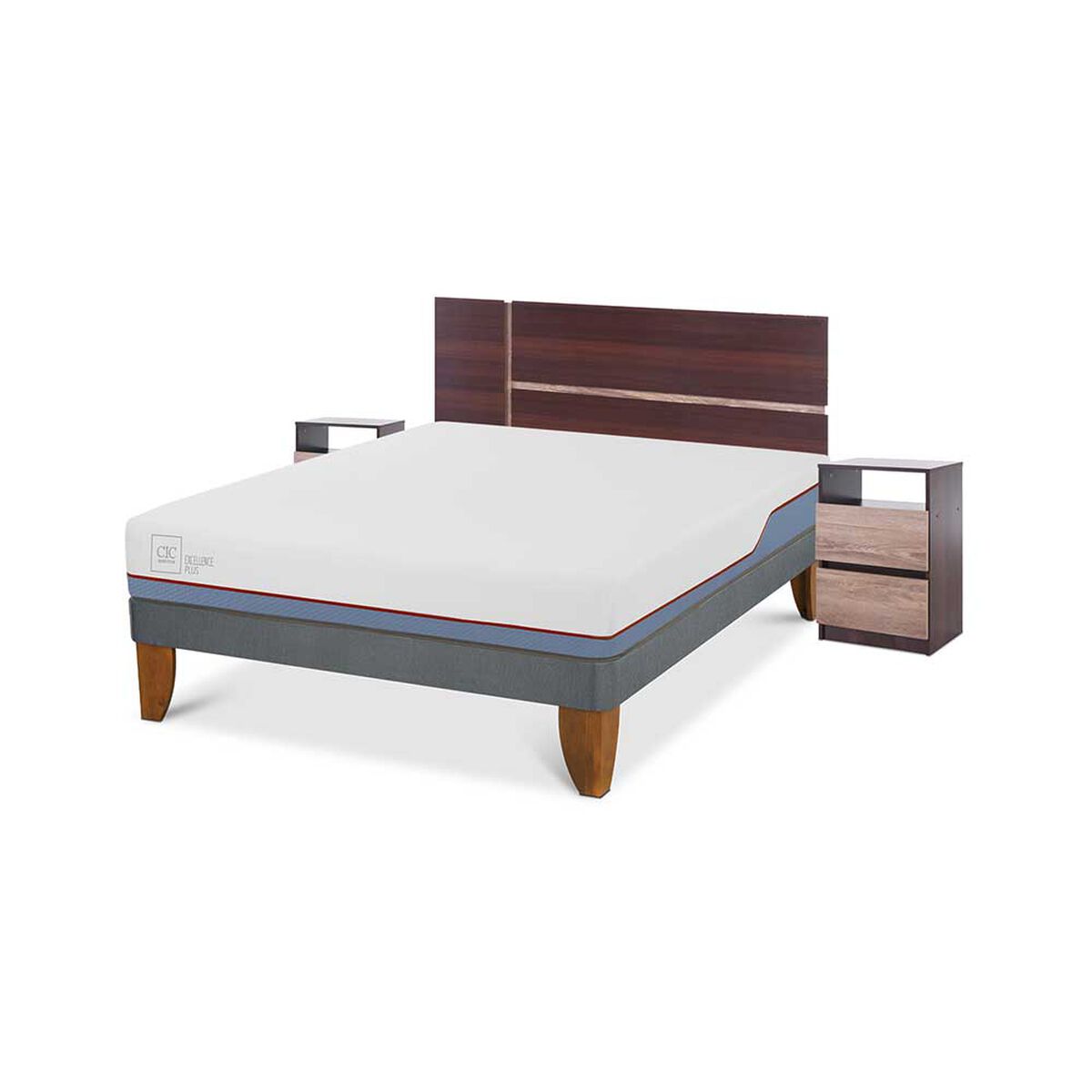 Cama Europea CIC 2 Plazas Excellence Plus + Respaldo + 2 Veladores