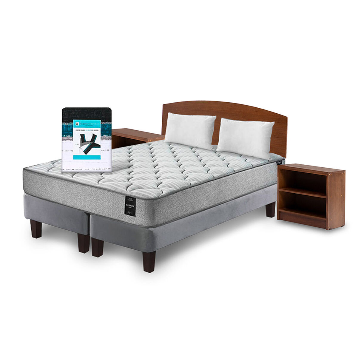 Combo Cama Europea Latam Home 2 Plazas Cannon BD Tela Gris + Textil + Respaldo + 2 Veladores Atlas