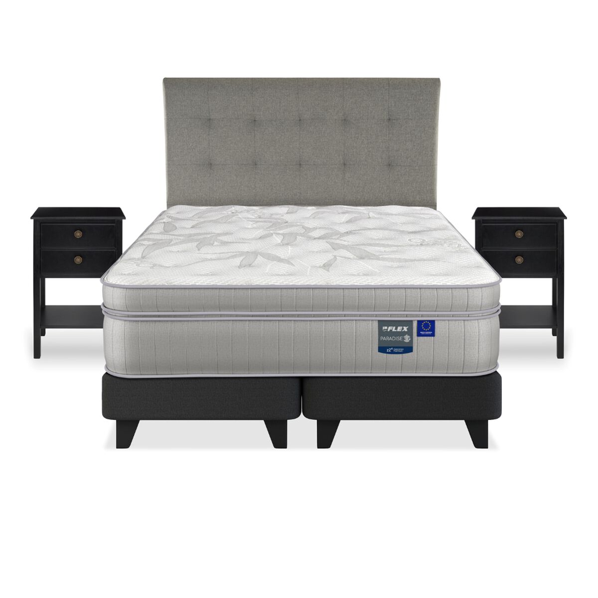 Cama Europea Flex King Paradise + Respaldo Design Gris + 2 Veladores Rover