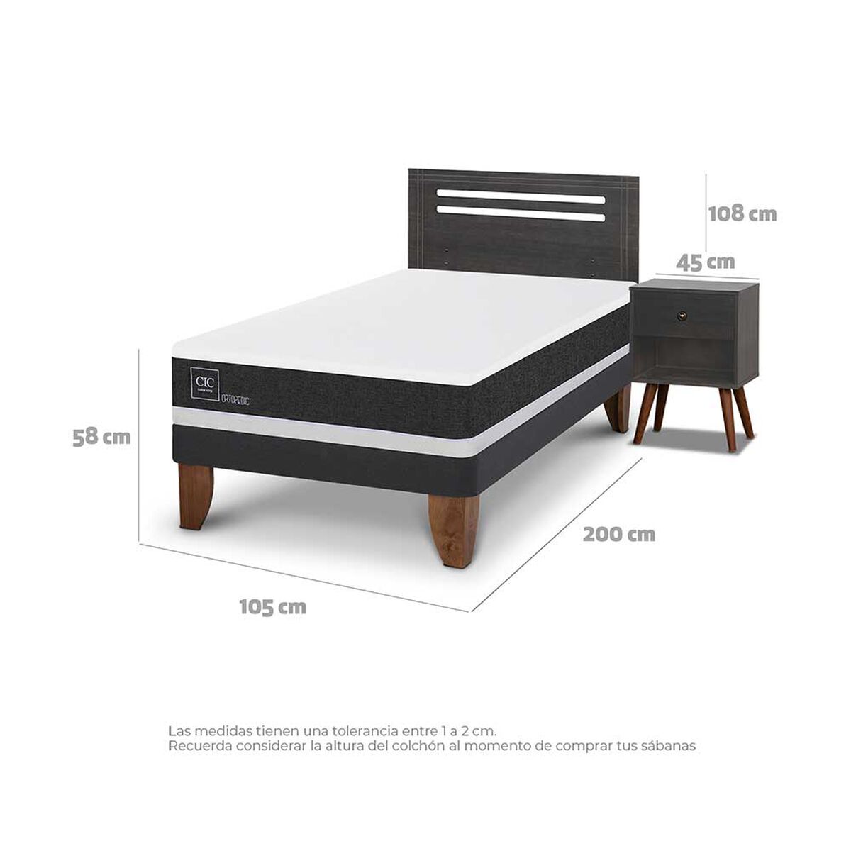 Cama Europea CIC 1,5 Plazas Ortopedic + Respaldo + Velador Munich