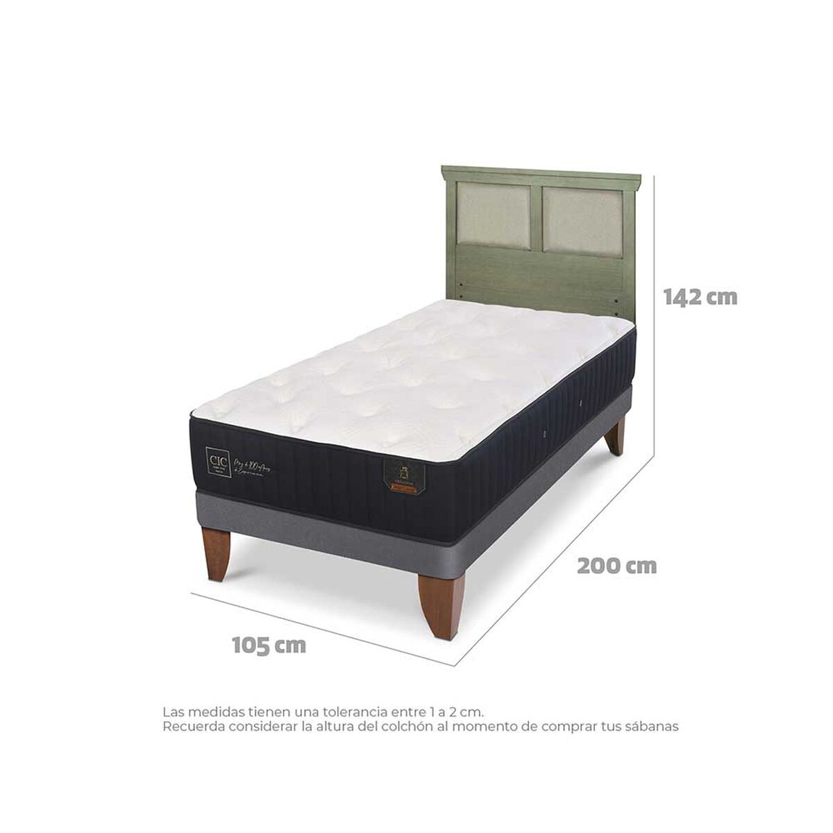 Cama Europea CIC 1,5 Plazas Premium + Respaldo Torino Olivo