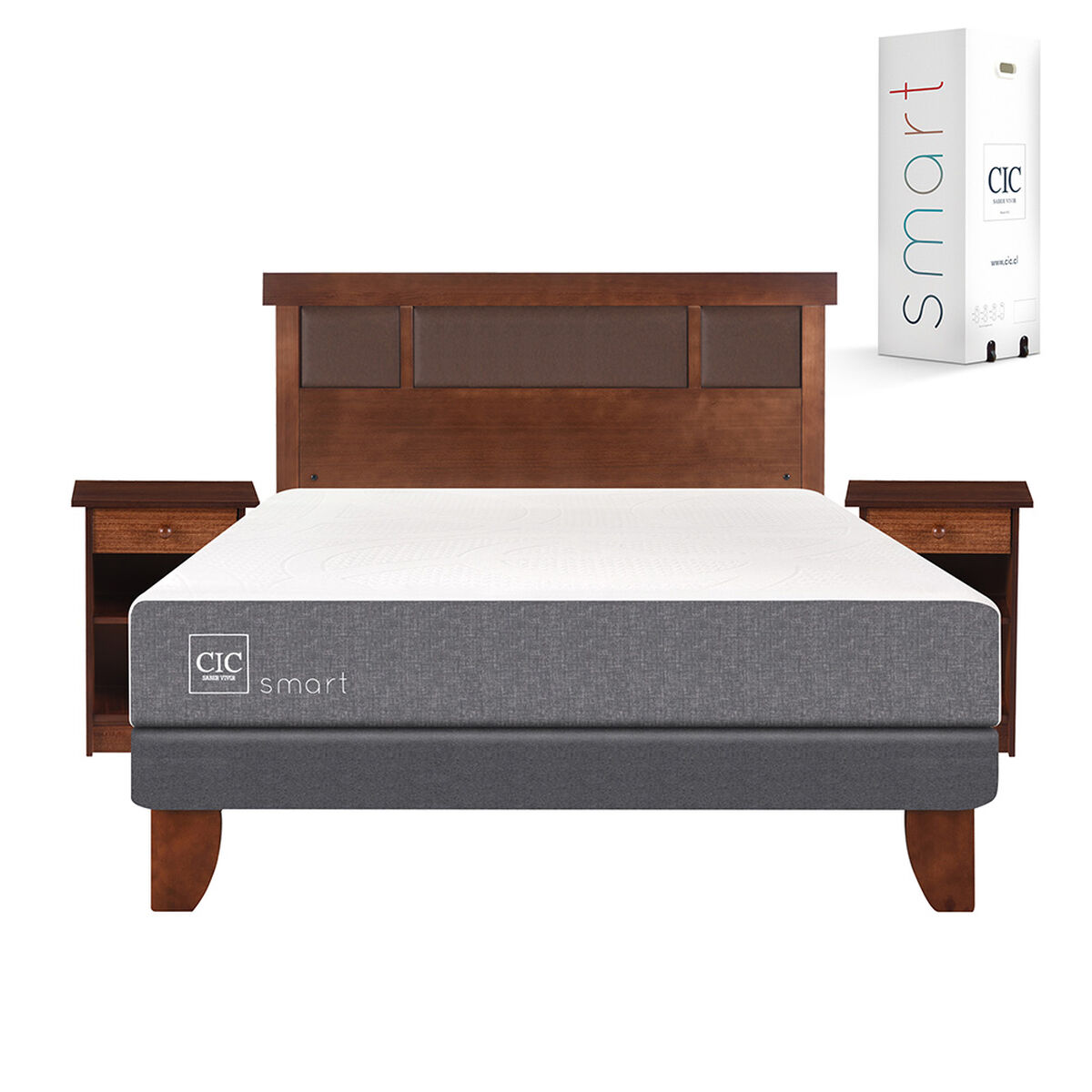 Cama Europea CIC 2 Plazas Smart + Respaldo + 2 Veladores Dublin Caramelo